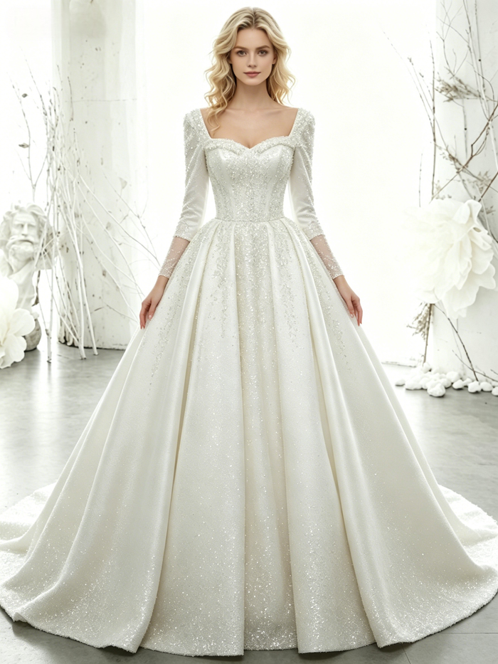White Short Sleeve Sequins Wedding Dres