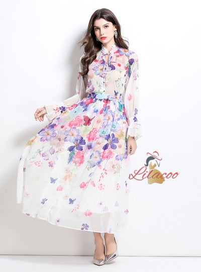 Lantern Sleeve Printed Chiffon Shirt+Skirt Suit