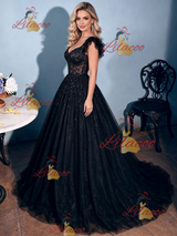 Sexy Black Lace Straps Prom Dress