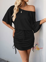 Pleated Bat Sleeve Solid Color Dress