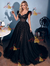 Sexy Black Lace Straps Prom Dress