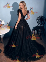 Sexy Black Lace Straps Prom Dress