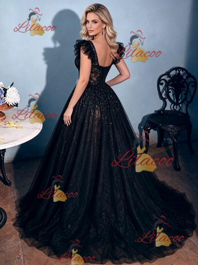 Sexy Black Lace Straps Prom Dress