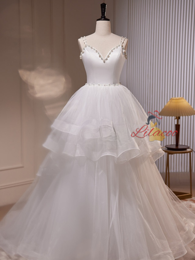 White Tulle Straps Pearls Wedding Dress