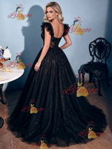 Sexy Black Lace Straps Prom Dress