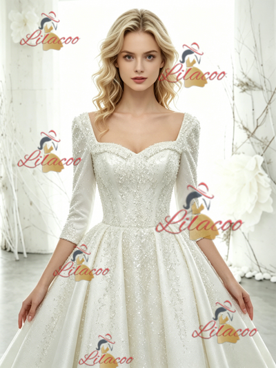 White Short Sleeve Sequins Wedding Dres