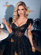 Sexy Black Lace Straps Prom Dress