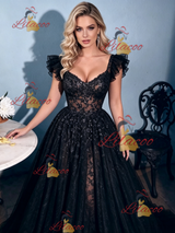 Sexy Black Lace Straps Prom Dress