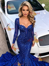 Blue Mermaid Sequins Long Sleeve Prom Dress