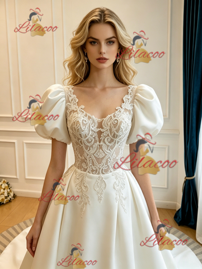 Beige White Satin Appliques Puff Sleeve Wedding Dress