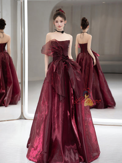 Burgundy Strapless Sleeveless Prom Dress