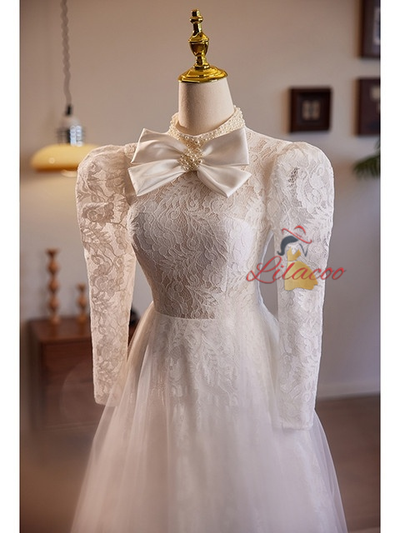 White Lace Tulle Long Sleeve High Neck Wedding Dress