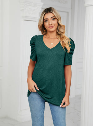 Loose Pleated V-neck Short Sleeve T-shirt