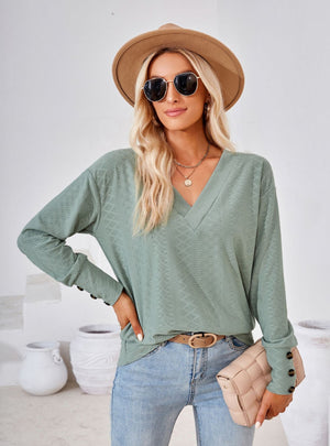 V-neck Jacquard Button Loose T-shirt