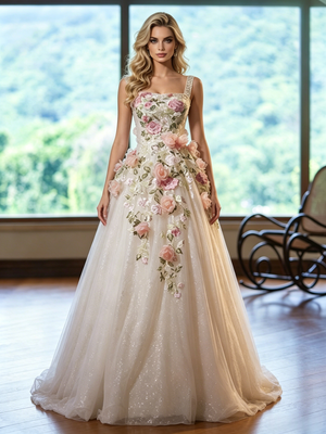 Ivory White Tulle Straps Appliques Wedding Dress