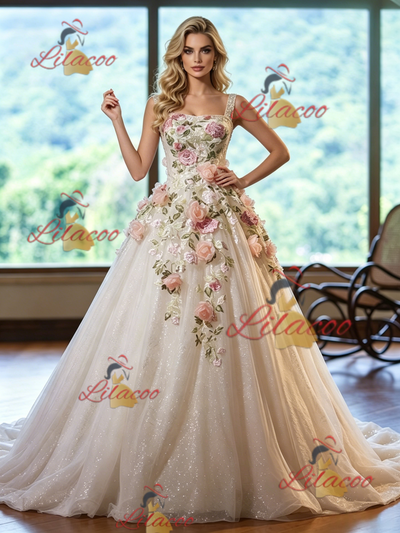 Ivory White Tulle Straps Appliques Wedding Dress