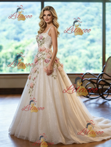 Ivory White Tulle Straps Appliques Wedding Dress