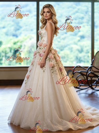 Ivory White Tulle Straps Appliques Wedding Dress