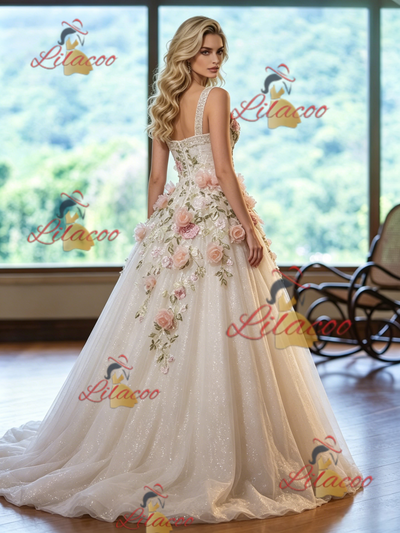 Ivory White Tulle Straps Appliques Wedding Dress