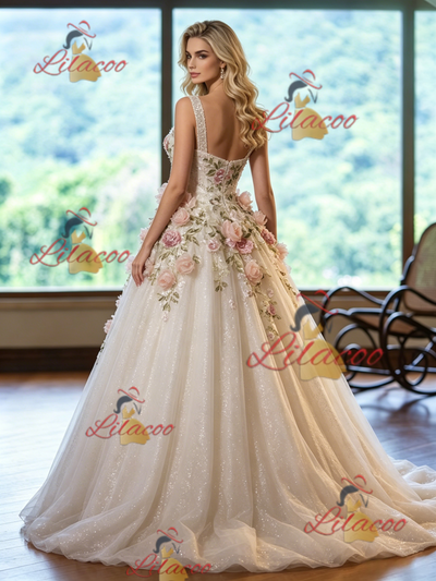 Ivory White Tulle Straps Appliques Wedding Dress
