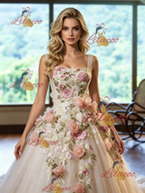 Ivory White Tulle Straps Appliques Wedding Dress