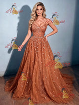 Brown Sequins Spaghetti Straps Prom Dress