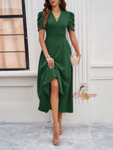 V-neck Solid Color Short Sleeve Dress