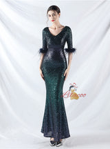 V-neck Short Sleeve Sequins Mermaid Prom Dress