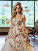 Ivory White Tulle Straps Appliques Wedding Dress