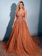 Brown Sequins Spaghetti Straps Prom Dress