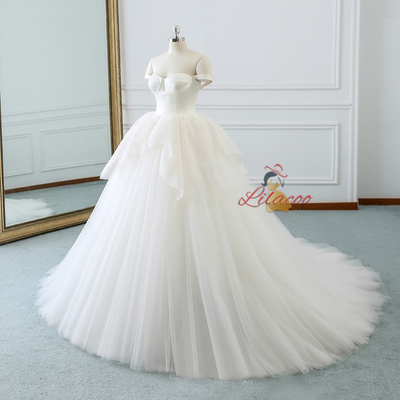 Ivory White Tulle Satin Off The Shoulder Wedding Dress