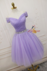 Purple Tulle Off the Shoulder Pleats Beading Homecoming Dress