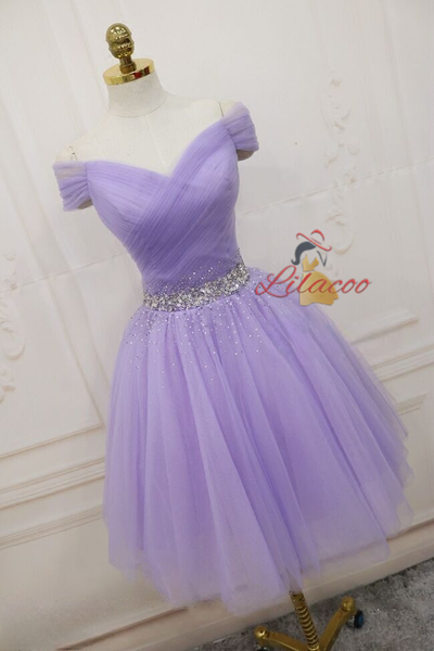 Purple Tulle Off the Shoulder Pleats Beading Homecoming Dress