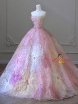 Pink Ball Gown Tulle Strapless Flower Prom Dress