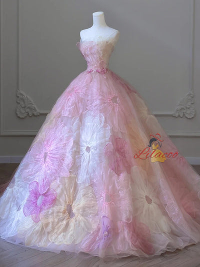 Pink Ball Gown Tulle Strapless Flower Prom Dress