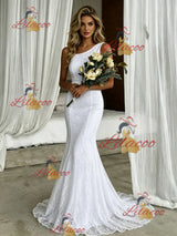 White Mermaid Lace One Shoulder Wedding Dress