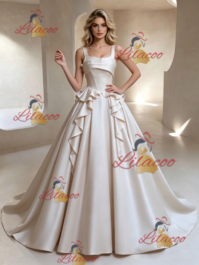 Ivory Satin Straps Sleeveless Wedding Dress