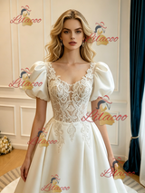 Beige White Satin Appliques Puff Sleeve Wedding Dress