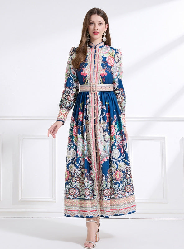 Long Sleeve Retro Print Long Dress