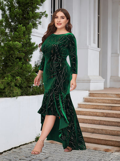 Plus Size Hi Lo Long Sleeve Velvet Party Dress