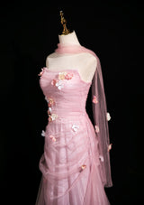 Pink Mermaid Tulle Strapless Flower Prom Dress