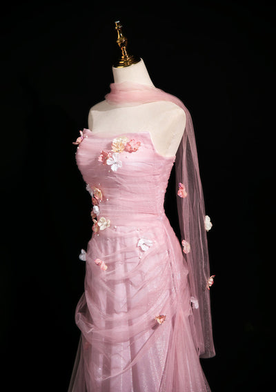 Pink Mermaid Tulle Strapless Flower Prom Dress