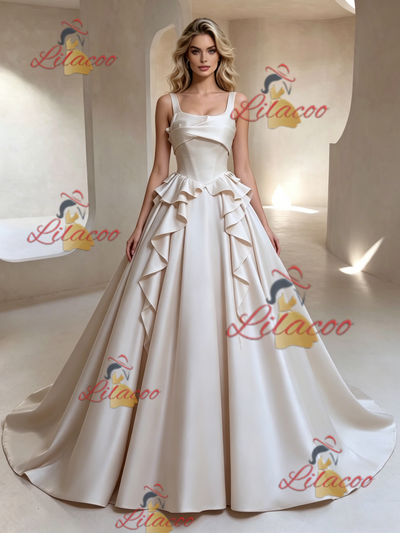 Ivory Satin Straps Sleeveless Wedding Dress