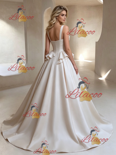 Ivory Satin Straps Sleeveless Wedding Dress