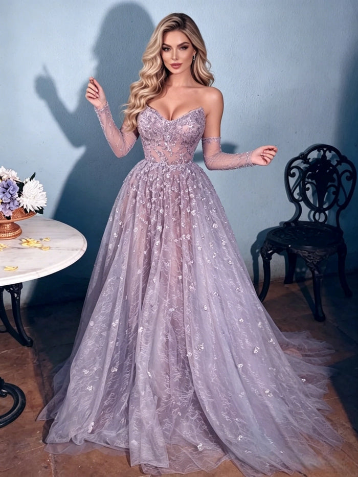 Purple Tulle Strapless Prom Dress