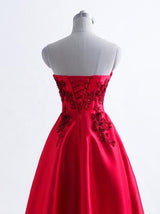 Burgundy Satin Strapless Appliques Homecoming Dress