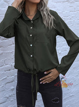 Lapel Drawstring Long Sleeve Solid Color Shirt