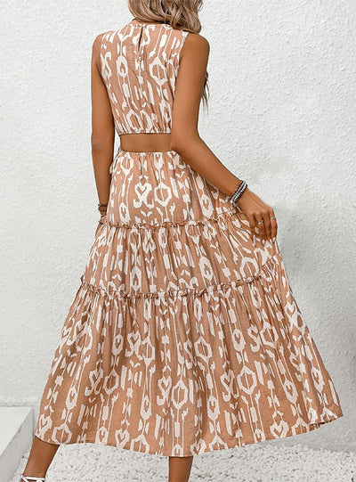 Sleeveless Solid Color Hollow Stitching Print Dress