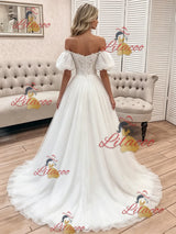 White Tulle Lace Off the Shoulder Wedding Dress