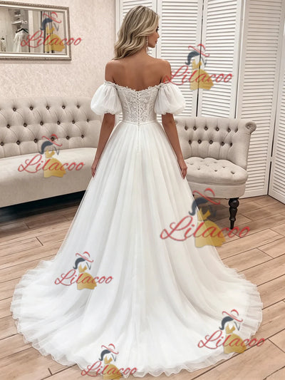 White Tulle Lace Off the Shoulder Wedding Dress